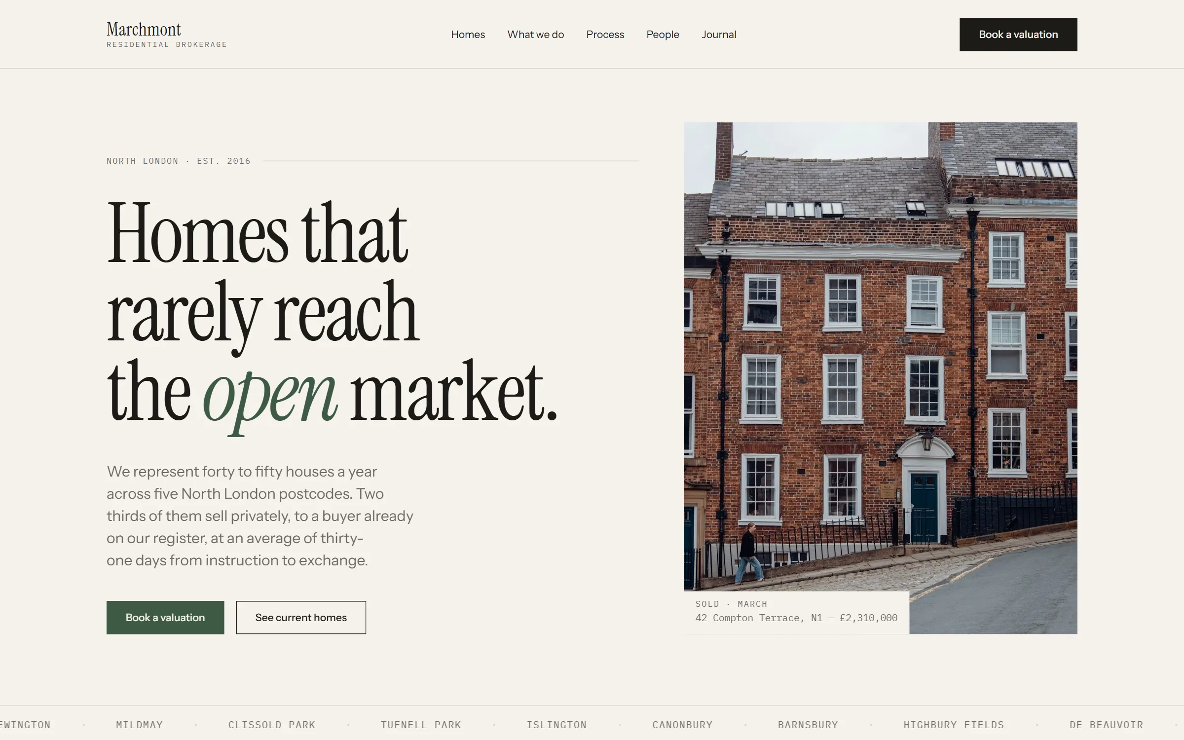 The Marchmont home page: warm paper background, an oversized serif headline reading 'Homes that rarely reach the open market', a photograph of a brick terrace on the right, and a ticker of North London postcodes along the bottom.