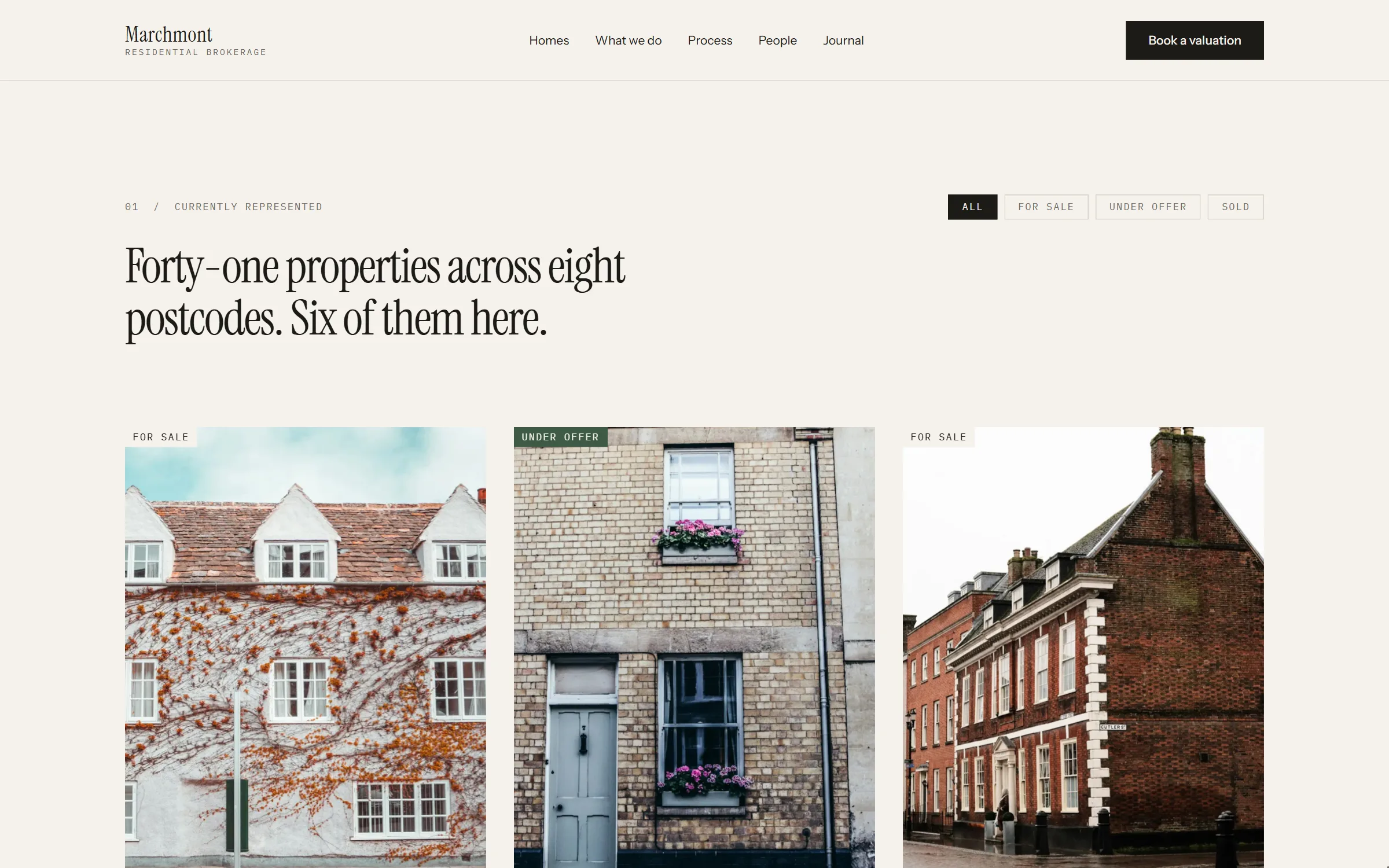 The listings section of the home page. A serif headline reads 'Forty-one properties across eight postcodes. Six of them here.', four status filter tabs sit opposite it, and three property photographs run beneath, each tagged For sale or Under offer.