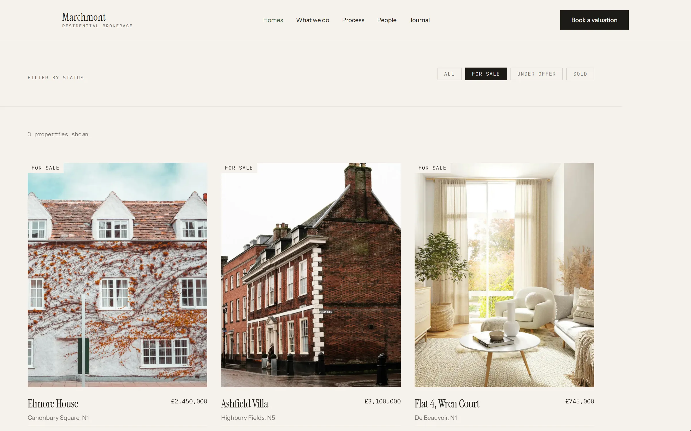 The homes index with the For sale filter active and three properties shown. Each card is a photograph over a name, address and price, set on a hairline rule.