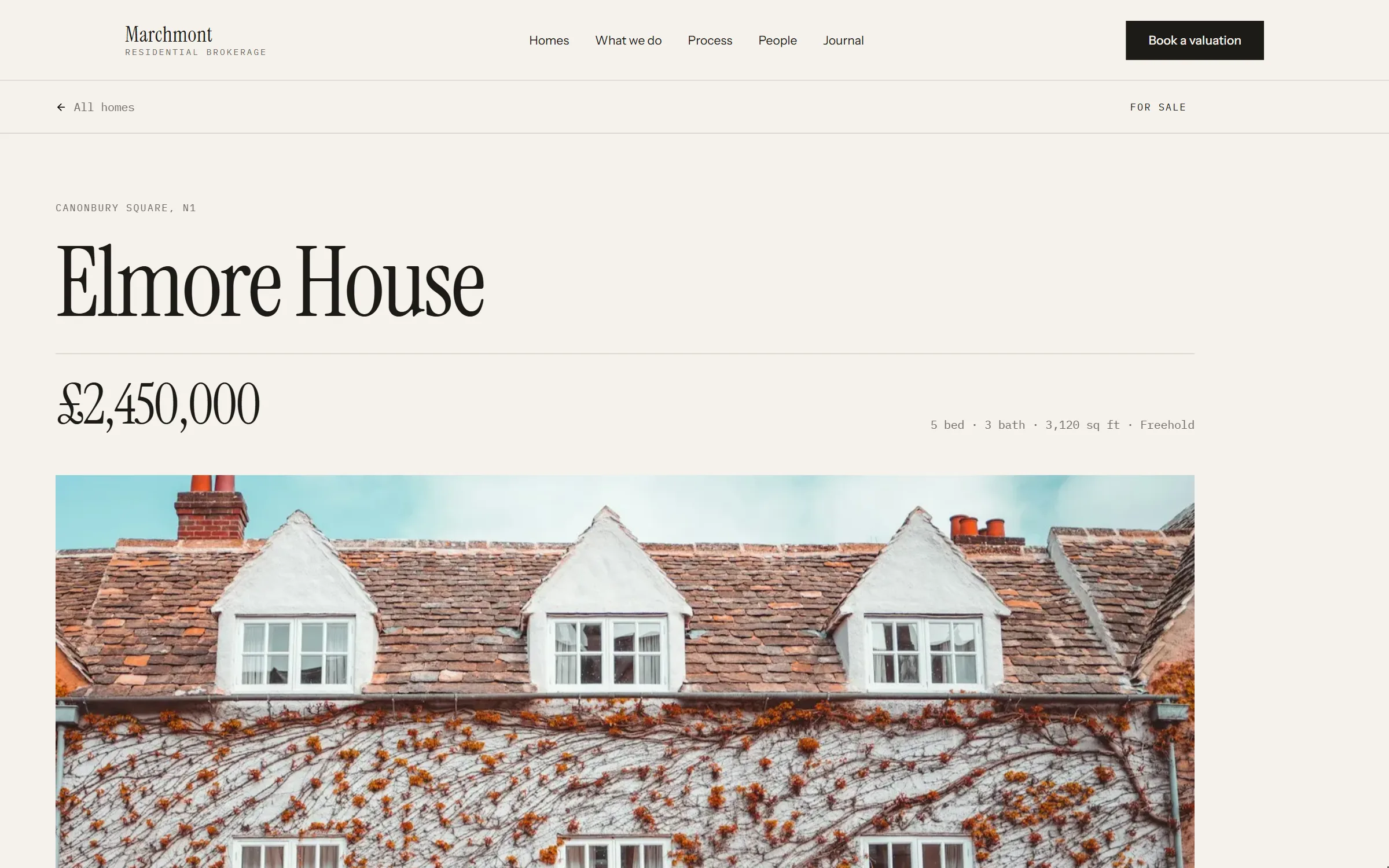 A property page for Elmore House, Canonbury Square. The price is set in large serif type beside a mono specification line reading five bed, three bath, 3,120 square feet, freehold, above a full-width photograph.