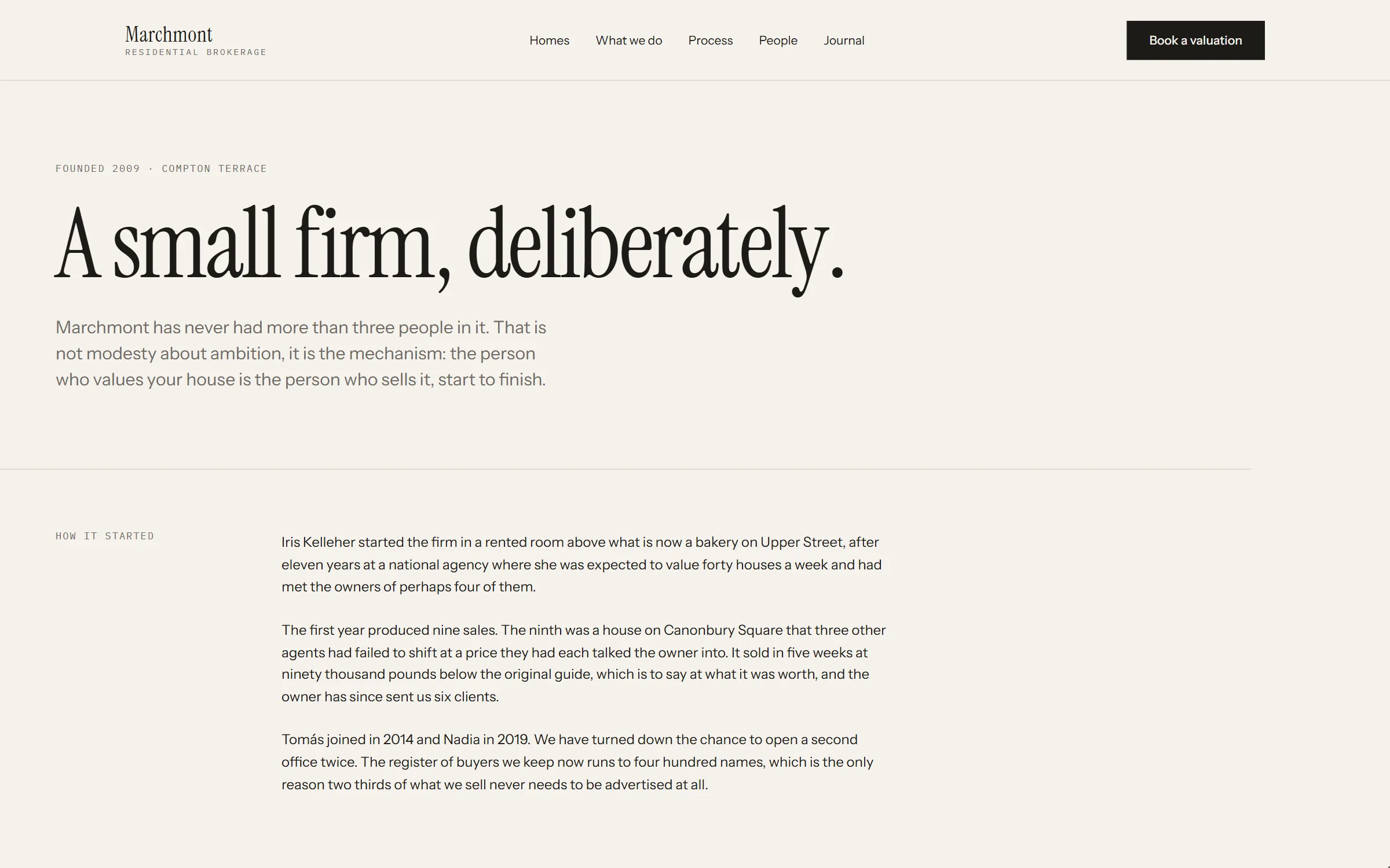 The studio page. An oversized serif headline reads 'A small firm, deliberately.', with the firm's history set in a narrow measure beneath a mono side heading.