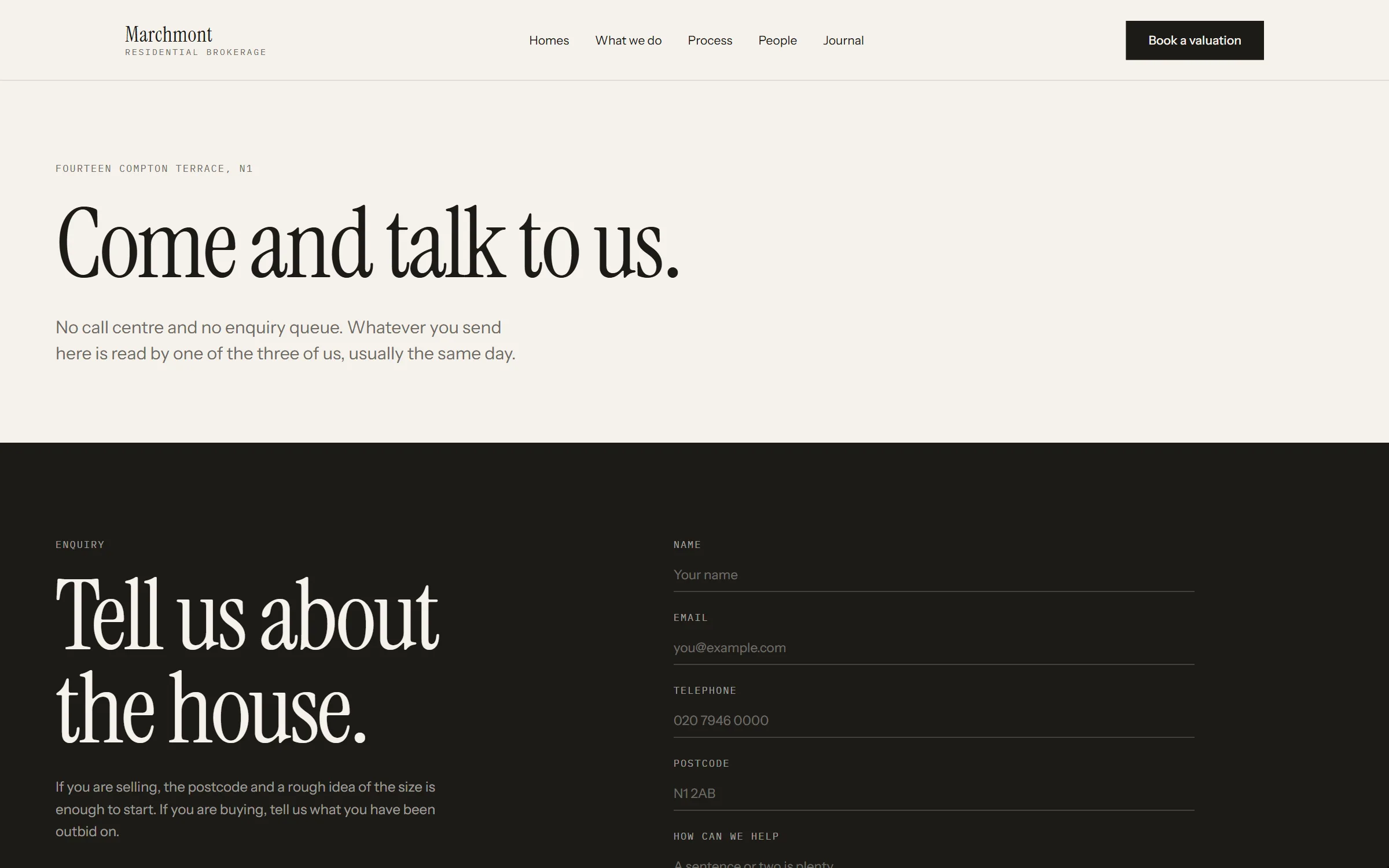 The contact page. A serif headline reads 'Come and talk to us.' on paper, and the enquiry form sits below it on ink, its fields ruled with single lines.